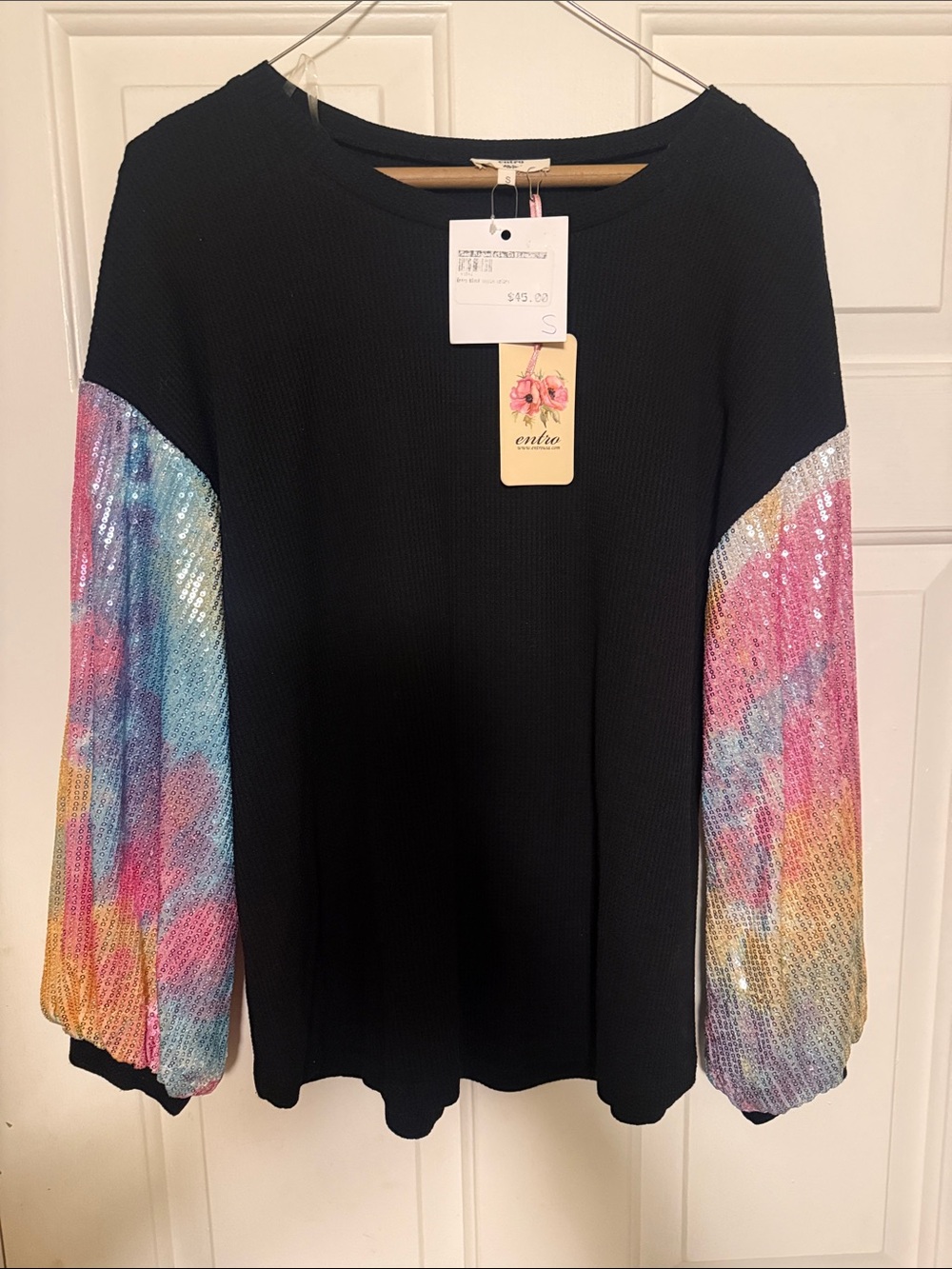 entro Black Top with Pastel Multicolor Sequin Balloon Sleeves